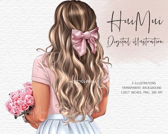 Süßes Mädchen mit rosa Rosses Clipart, Fashion Illustration, PNG Datei für Wandkunst Print, Sofort Download, druckbare Kunst, Planer Sticker Art