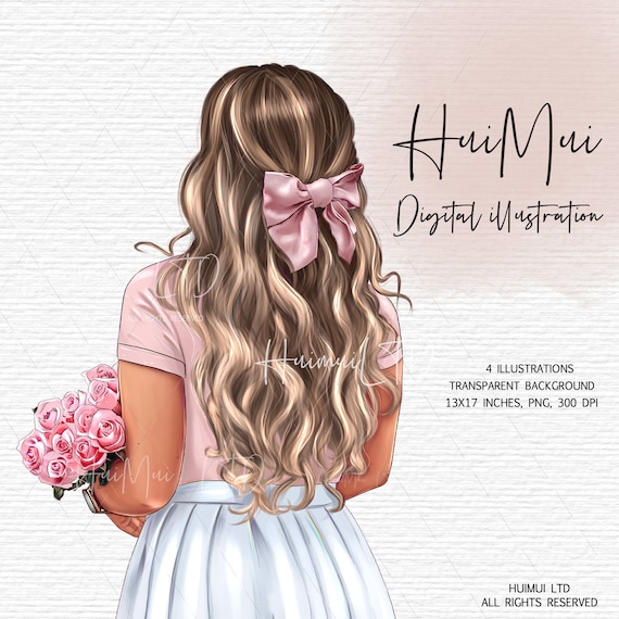 Cute girl with pink Rosses clipart Fashion illustration PNG File for Wall Art Print Instant Download Printable Art Planner stickers art