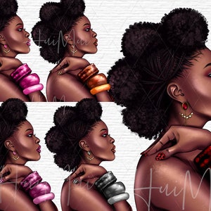 May include: Four digital illustrations of a woman with an afro hairstyle wearing earrings and bracelets. The woman is shown in profile with her head tilted slightly to the side. The bracelets are different colors in each illustration: pink, orange, silver, and red.