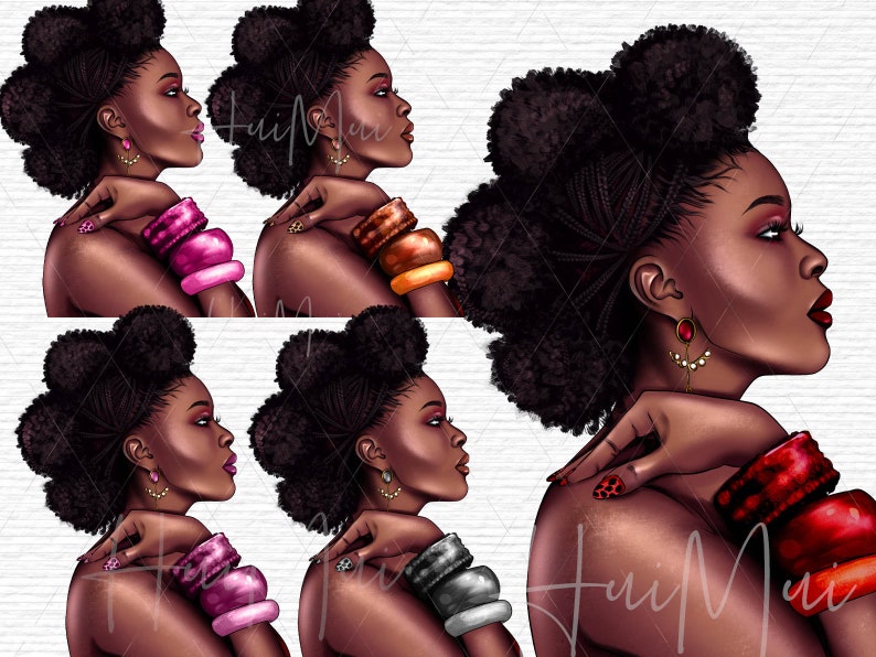May include: Four digital illustrations of a woman with an afro hairstyle wearing earrings and bracelets. The woman is shown in profile with her head tilted slightly to the side. The bracelets are different colors in each illustration: pink, orange, silver, and red.
