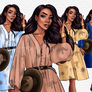 Summer African American Woman clipart, Black Woman Natural hair, Fashion Girl Clipart, Beach clipart, Black Woman PNG with long dress