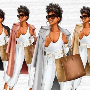 May include: Three illustrations of women wearing white pants, white tops, and coats in different colors: black, pink, and gray. Each woman is wearing sunglasses and carrying a brown handbag.