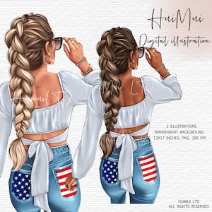 May include: Two digital illustrations of women with long braided hair wearing white crop tops with a bow in the back and blue jeans with a red, white, and blue American flag design in the back pocket.  The women are wearing sunglasses and looking over their shoulders.