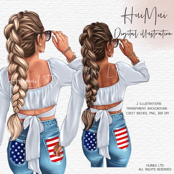 4th of July clipart, Flag patriotic illustration, Denim Fashion woman, planner supplies, black skin girl, dark skin woman, African American