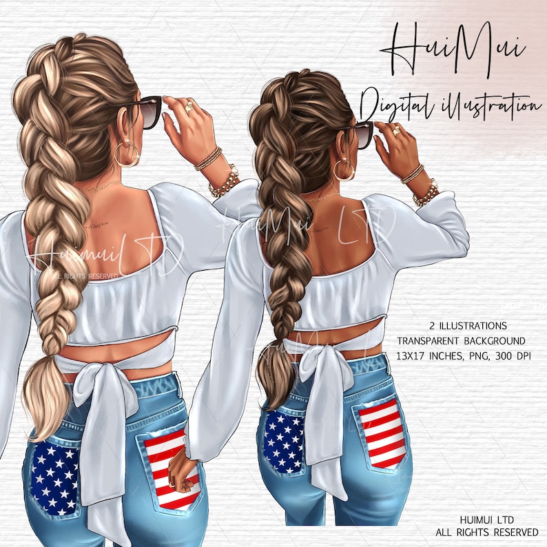 May include: Two digital illustrations of women with long braided hair wearing white crop tops with a bow in the back and blue jeans with a red, white, and blue American flag design in the back pocket.  The women are wearing sunglasses and looking over their shoulders.