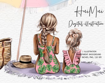 Summer clipart Beach Tropical Vacation Sea Ocean Kids Little Sisters Planner stickers clipart Fashion illustration PNG digital download
