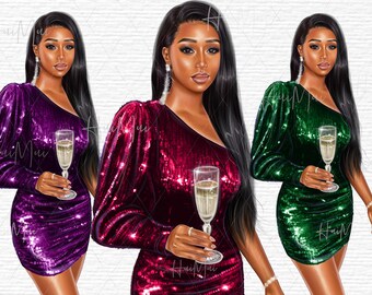 New Year Clipart, Party Clipart, NYE clip art, New Years Eve Clipart, New Year Fashion clipart, Black fashion girl drinking cocktail