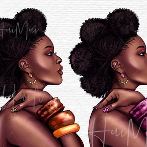 May include: A digital illustration of a Black woman with a large afro hairstyle, wearing gold earrings and bracelets. She is looking to the right side of the image.