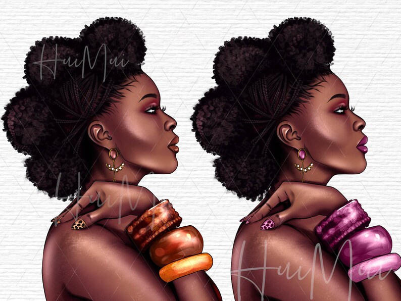 May include: A digital illustration of a Black woman with a large afro hairstyle, wearing gold earrings and bracelets. She is looking to the right side of the image.
