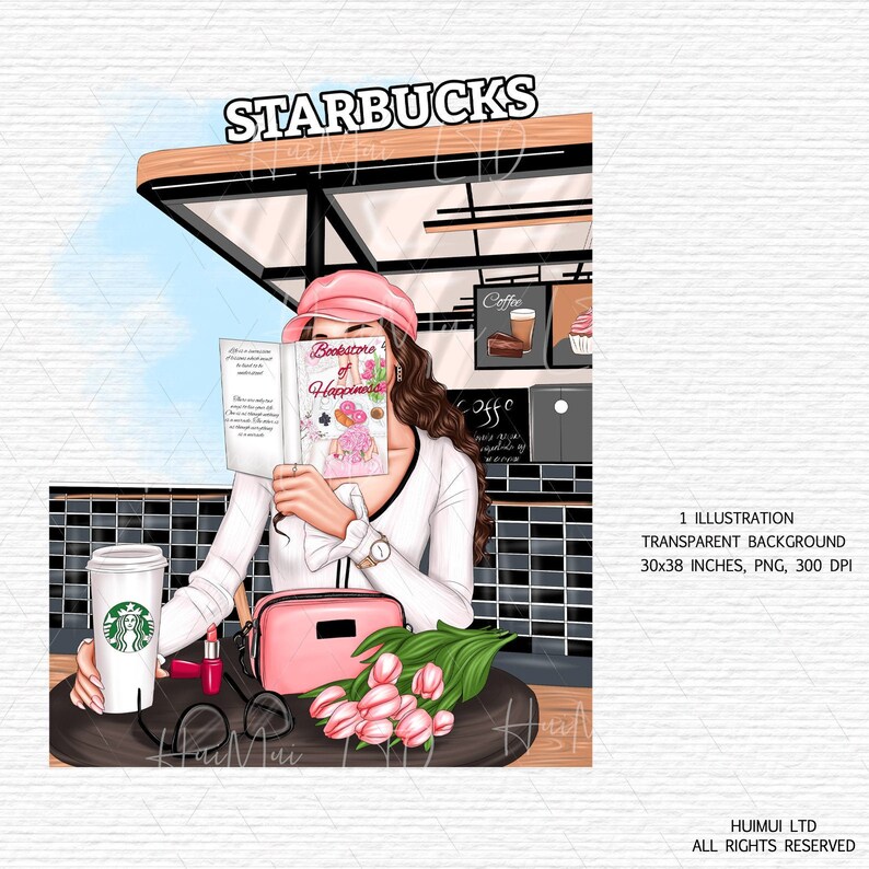 K&ouml;nnte beinhalten: Eine Frau in einem rosa Hut und einem wei&szlig;en Hemd sitzt an einem Tisch vor einem Starbucks-Caf&eacute;. Sie liest ein Buch mit dem Titel "Bookstore of Happiness". Auf dem Tisch stehen eine Tasse Kaffee, eine rosa Handtasche und ein Strau&szlig; rosa Tulpen.