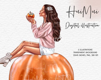 Fall Clip Art Commercial use, Fall Autumn Planner Clipart Fashion Girl, Stationery Designs Downloads PNG Hand Drawn Sticker Graphics