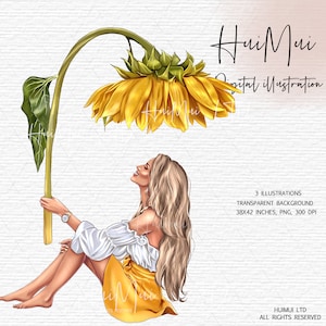Girl with Sunflowers Clipart watercolour Sunflower Girl Clipart Fashion Woman graphics Commercial Use Clipart Girl with yellow flowers PNG