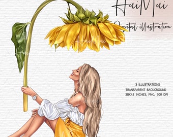 Girl with Sunflowers Clipart watercolour Sunflower Girl Clipart Fashion Woman graphics Commercial Use Clipart Girl with yellow flowers PNG