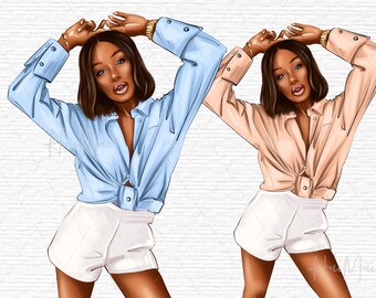 Girl Boss Illustration Clipart, Denim girl clipart, Fashion clipart, Fashion girl clipart, Jeans girl clipart, African American clipart