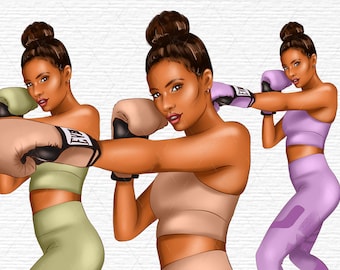 May include: Three illustrations of a woman wearing a sports bra and leggings, boxing with black and white gloves. The woman has brown skin, brown hair, and is wearing a light green, light pink, and purple outfit.