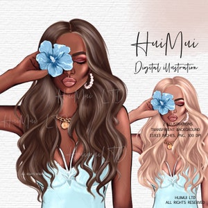 Planner girl clipart, Girl boss clipart, Fashion illustration, Blue flower PNG file, Fashion girl clipart, African American clipart