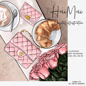 Roses Planner clipart, sac de designer rose croissant café planner stickers kit, lady boss clipart, objets de designer, fichiers PNG icônes flatlay