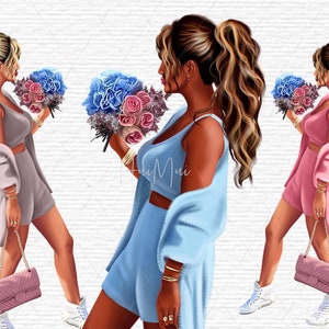 Girl with Flowers Clipart pink blue flowers Woman Women Blond Girl Clipart Summer illustration Planner Girl Fashion downloadable PNG