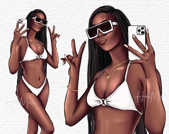 Beach clipart, AFRICAN AMERICAN clipart, Afro girl, Summer clipart, girl with white bikini, vacation holiday digital procreate PNG file