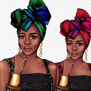 May include: Two digital illustrations of women with dark skin wearing colorful head wraps and gold jewelry. The women are wearing black tops with leopard print patterns. The background is a white brick wall.