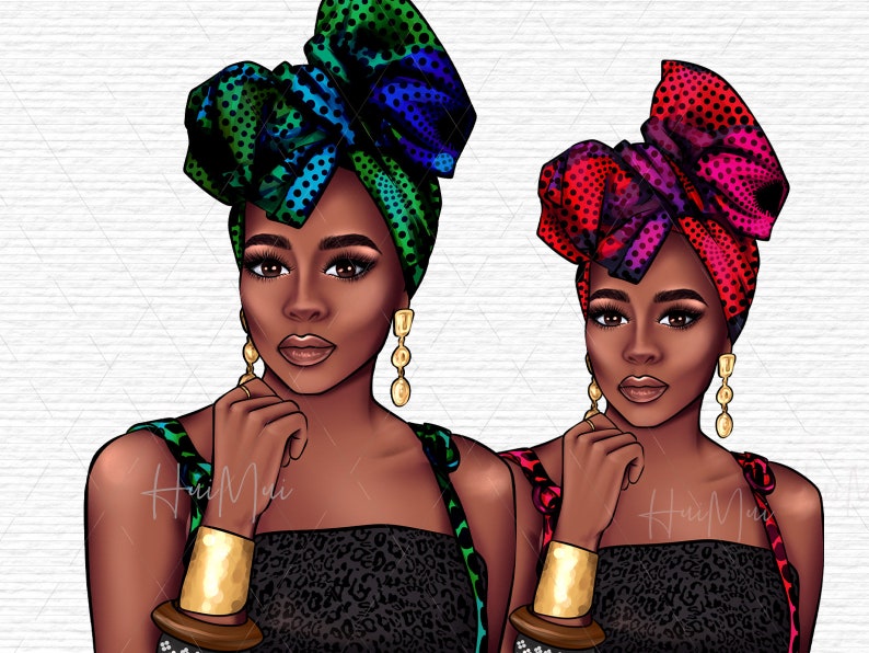 May include: Two digital illustrations of women with dark skin wearing colorful head wraps and gold jewelry. The women are wearing black tops with leopard print patterns. The background is a white brick wall.