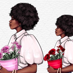 Black girl with flowers, spring summer fall planner clipart, African American women, Fashion clipart, Cute Afro woman illustration PNG