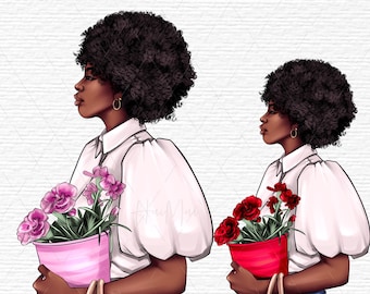Zwart meisje met bloemen, lente zomer herfst planner clipart, Afro-Amerikaanse vrouwen, Mode clipart, Leuke Afro vrouw illustratie PNG