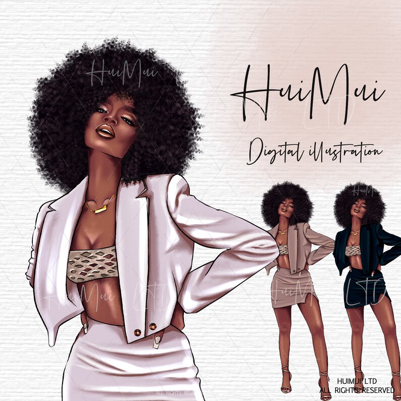 May include: Digital illustration of a woman with an afro wearing a white blazer, a white skirt, and a patterned top. The illustration is in a minimalist style with a pink background.