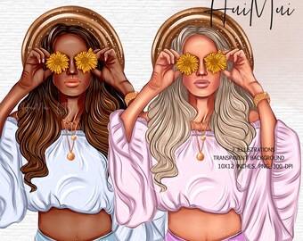Fashion girl clipart, Girl with flowers, Sunflowers, Fashion illustration, African American woman, dress,  fashion clipart PNG files