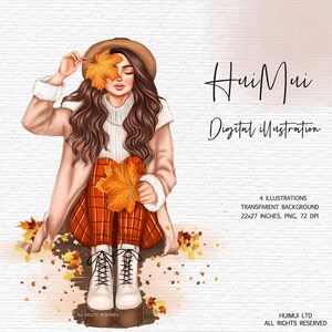 K&ouml;nnte beinhalten: Digitale Illustration einer Frau in einem braunen Mantel, einer rot-wei&szlig; karierten Hose, einem wei&szlig;en Pullover und einem braunen Hut. Sie h&auml;lt einen Strau&szlig; orangefarbener und gelber Herbstbl&auml;tter in der Hand. Der Hintergrund ist eine hellbraune, strukturierte Oberfl&auml;che mit verstreuten Bl&auml;ttern.