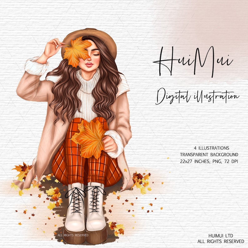 K&ouml;nnte beinhalten: Digitale Illustration einer Frau in einem braunen Mantel, einer rot-wei&szlig; karierten Hose, einem wei&szlig;en Pullover und einem braunen Hut. Sie h&auml;lt einen Strau&szlig; orangefarbener und gelber Herbstbl&auml;tter in der Hand. Der Hintergrund ist eine hellbraune, strukturierte Oberfl&auml;che mit verstreuten Bl&auml;ttern.