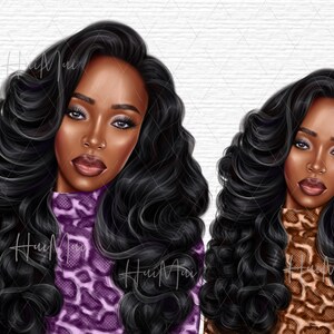 May include: Two digital illustrations of women with long, curly black hair. The woman on the left is wearing a purple and black leopard print top. The woman on the right is wearing a brown and black leopard print top.