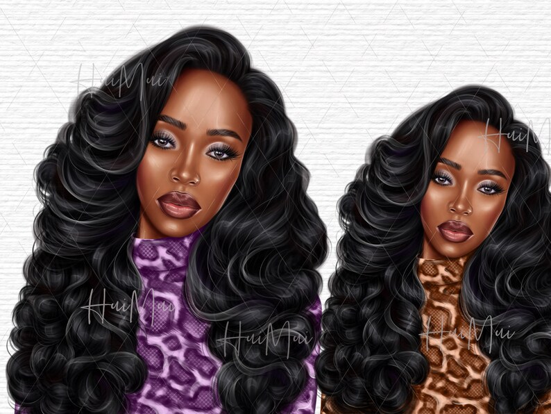 May include: Two digital illustrations of women with long, curly black hair. The woman on the left is wearing a purple and black leopard print top. The woman on the right is wearing a brown and black leopard print top.