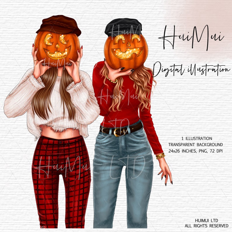 May include: Two women wearing fall outfits with their faces covered by jack-o'-lantern pumpkins. The woman on the left is wearing a white sweater and red plaid pants. The woman on the right is wearing a red sweater and blue jeans. The text "HuiMui Digital Illustration" is in the upper right corner of the image.