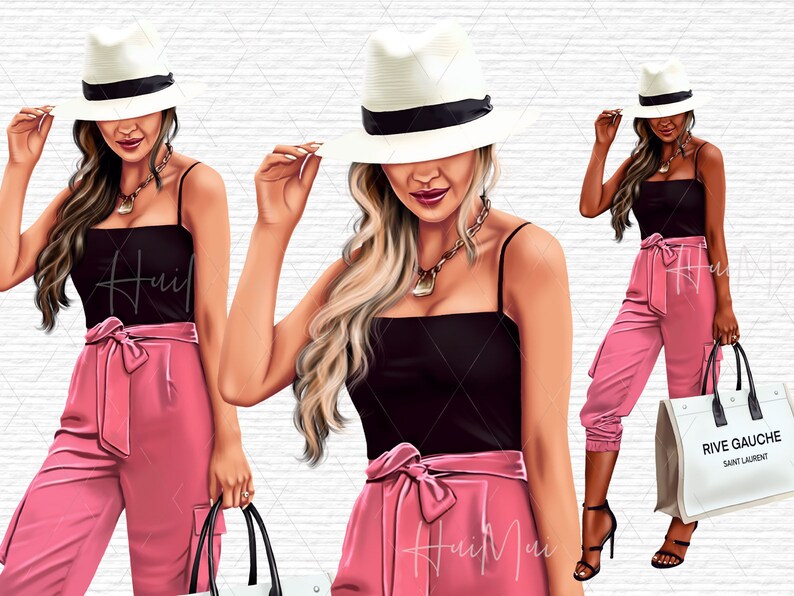 May include: Three illustrations of women wearing white hats and pink trousers. The women are wearing black tank tops and have long blonde hair. One woman is holding a white tote bag with the text "RIVE GAUCHE SAINT LAURENT".