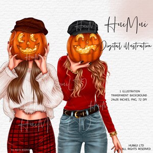 May include: Two women wearing fall outfits with pumpkins over their faces. The woman on the left is wearing a white sweater and a red plaid skirt. The woman on the right is wearing a red sweater and blue jeans. Both pumpkins have glitter and a carved jack-o-lantern face.