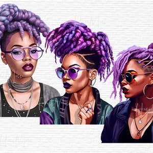 May include: Three digital illustrations of women with purple and blue dreadlocks, wearing sunglasses and stylish outfits. The women are looking in different directions.