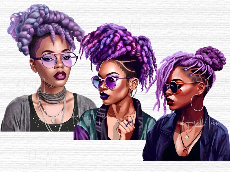 May include: Three digital illustrations of women with purple and blue dreadlocks, wearing sunglasses and stylish outfits. The women are looking in different directions.