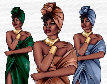 Afrykańska kobieta Clipart do użytku komercyjnego Czarna kobieta chusta na głowę Clipart Boho Jesienna dziewczyna moda clipart Afrykańskie wzory sublimacji PNG