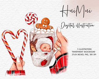 Watercolour digital Christmas clipart Commercial use, Warm drink, cacao, chocolate, candy stick. Cozy winter mug. Christmas jar, cookies
