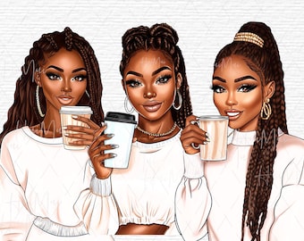 Clipart di caffè di ragazza nera Illustrazioni di amanti del caffè afrocentriche Donne afroamericane alla moda Arte digitale Clipart di capelli intrecciati Sublimazione