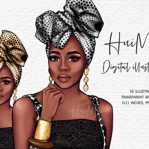 May include: Digital illustration of two women with dark skin wearing black and white patterned head wraps and leopard print tops. The women are wearing gold earrings and bracelets. The image is set against a white background.
