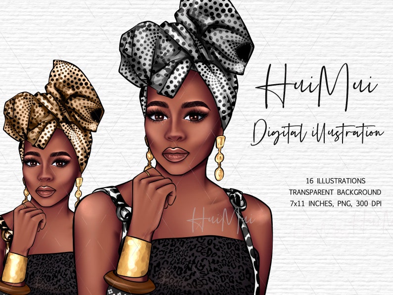 May include: Digital illustration of two women with dark skin wearing black and white patterned head wraps and leopard print tops. The women are wearing gold earrings and bracelets. The image is set against a white background.