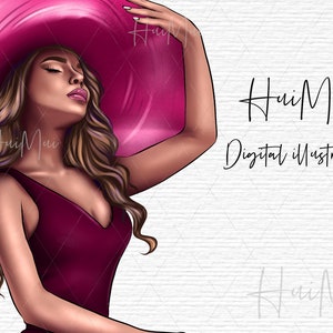 May include: Digital illustration of a woman wearing a large, magenta sun hat and a burgundy dress. The artwork features the text "HuiMui Digital Illustration" in a handwritten font. The woman has long, wavy brown hair and is looking up with her eyes closed.