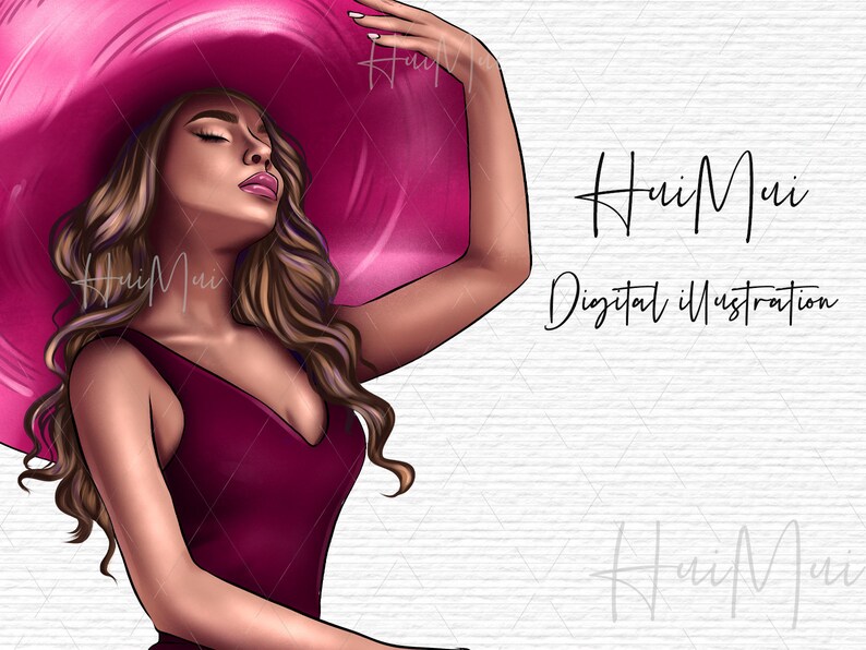 May include: Digital illustration of a woman wearing a large, magenta sun hat and a burgundy dress. The artwork features the text "HuiMui Digital Illustration" in a handwritten font. The woman has long, wavy brown hair and is looking up with her eyes closed.