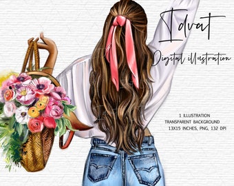 Könnte beinhalten: Digitale Illustration einer Frau mit langen braunen Haaren, die ein weißes Hemd, blaue Jeans und ein rosa Band im Haar trägt. Sie hält einen Weidenkorb voller bunter Blumen.