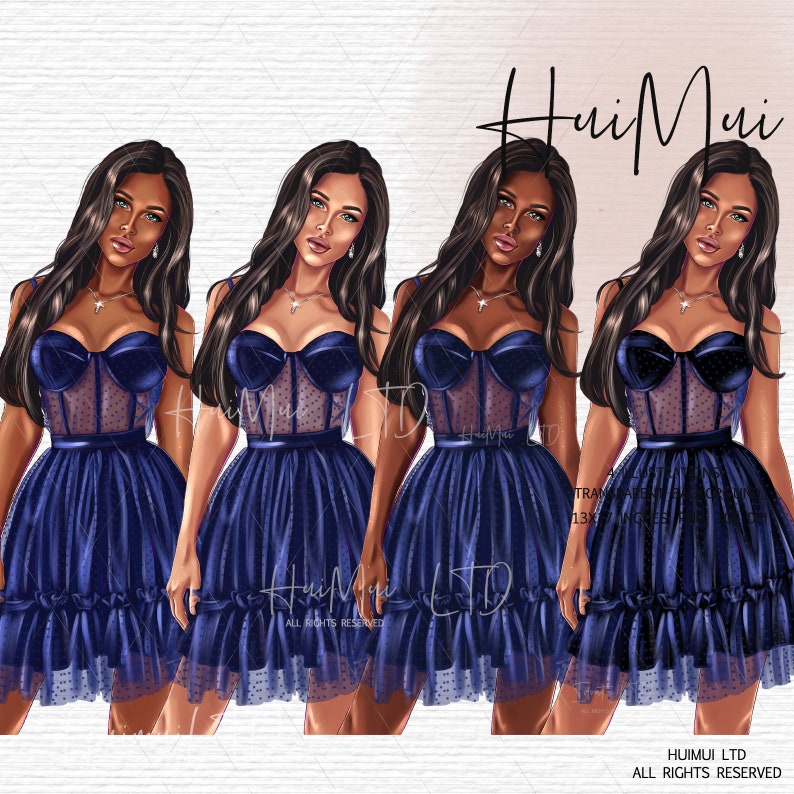 May include: Four digital illustrations of women wearing blue dresses with white polka dots. The dresses have a sweetheart neckline and a ruffled hem. The women have long black hair and are wearing gold jewelry.