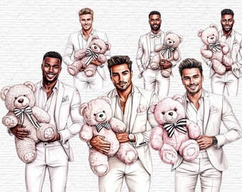 Acquerello Uomo con Orsetto di Peluche Clipart Digitale per San Valentino Anniversario PNG Romantico opera d'arte Orsetto di Peluche Regalo Clipart Uomo Bello File