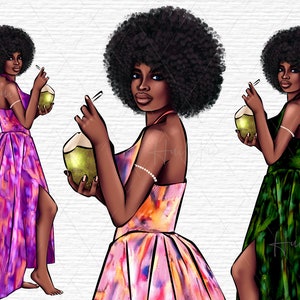 African American girl with long summer dress drinking a cocktail digital drawing, African girl with natural curly hair, Fashion girl clipart