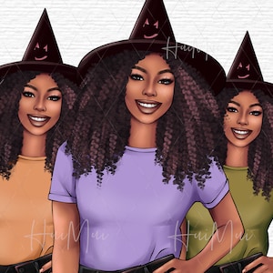 Clipart de sorcière afro-américaine Black Witch Commercial Use Cute Halloween Clipart Spooky Sublimation Graphics personnage de sorcière pour Halloween